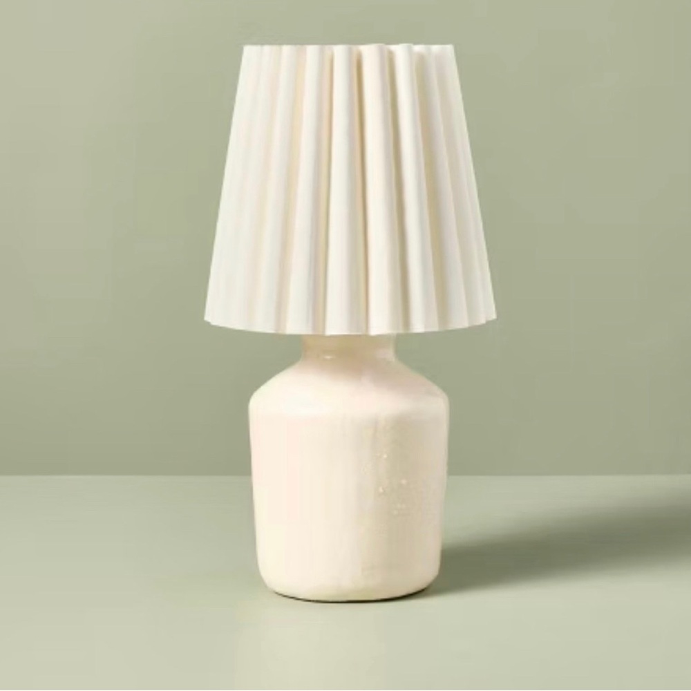 13.5" Rustic Ceramic Mini Lamp with Pleated Plaid Shade Cream - Hearth & Hand